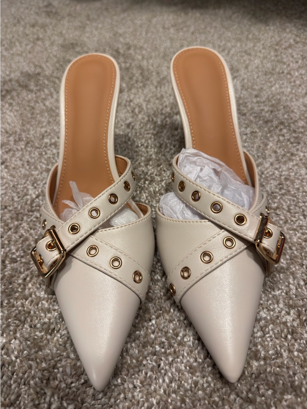 Women’s Pointed Toe Slide Mules in Cream with Gold Accents